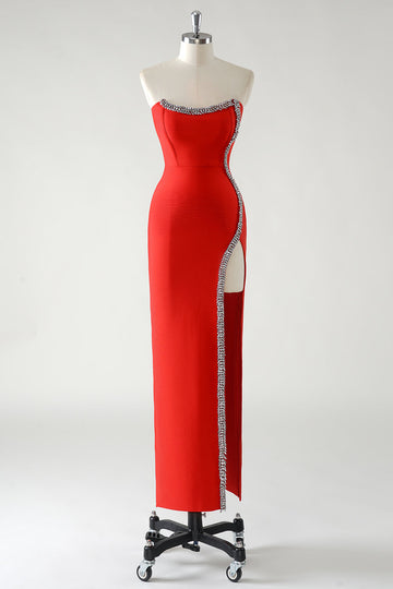 Rosso Sheath senza spalline strass Tea Length Abito da cerimonia con fessura